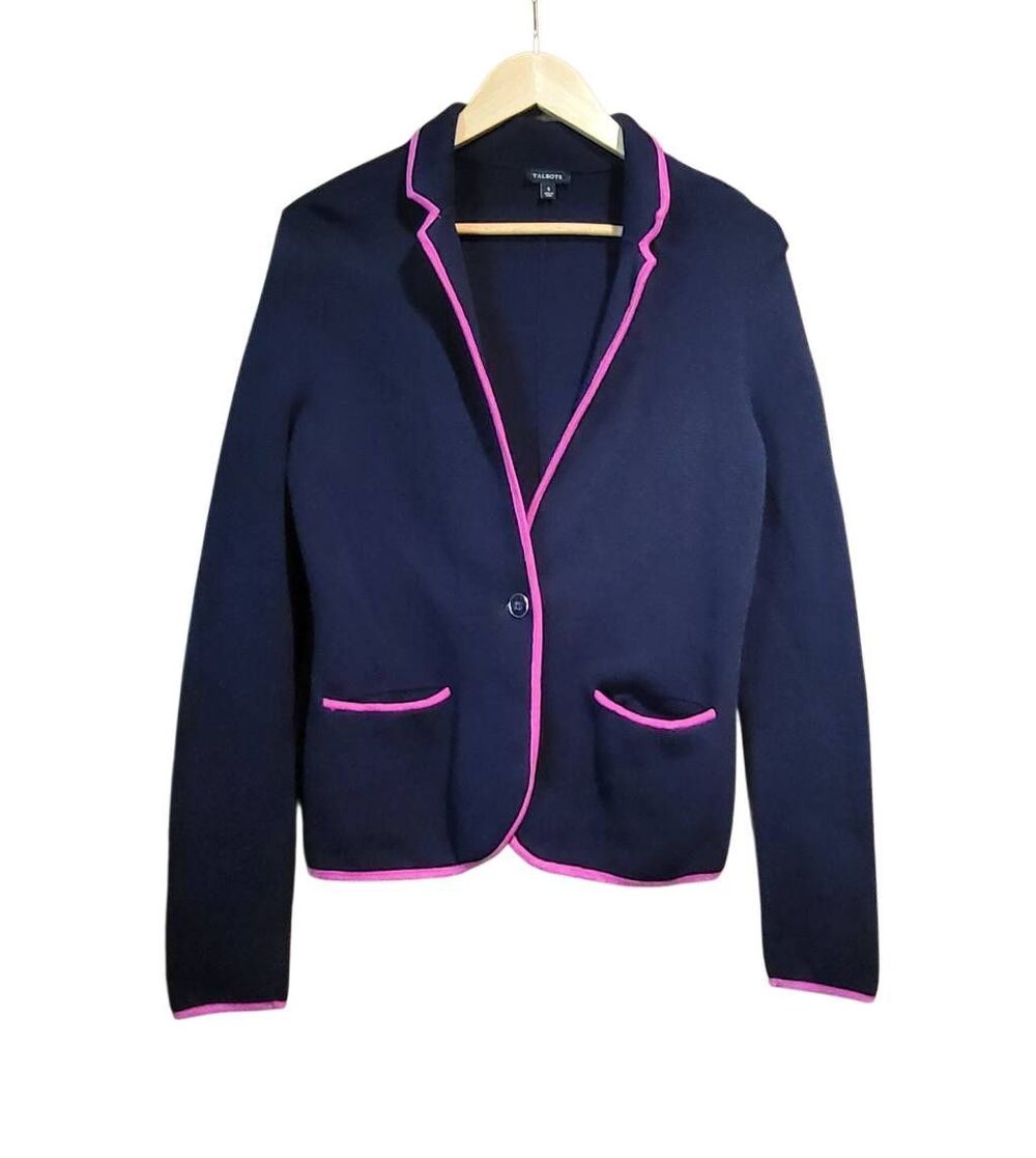 Talbots Sweater Blazer Women's Small Blue Knit Tipped Contrast Cotton